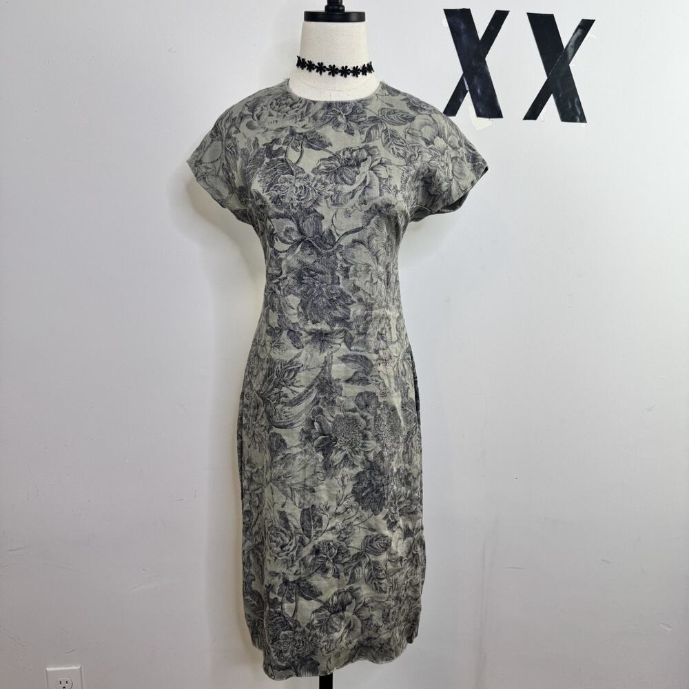 Vintage 90s Ellen Tracy Linda Allard Linen Floral Sheath Midi Dress Lined 8